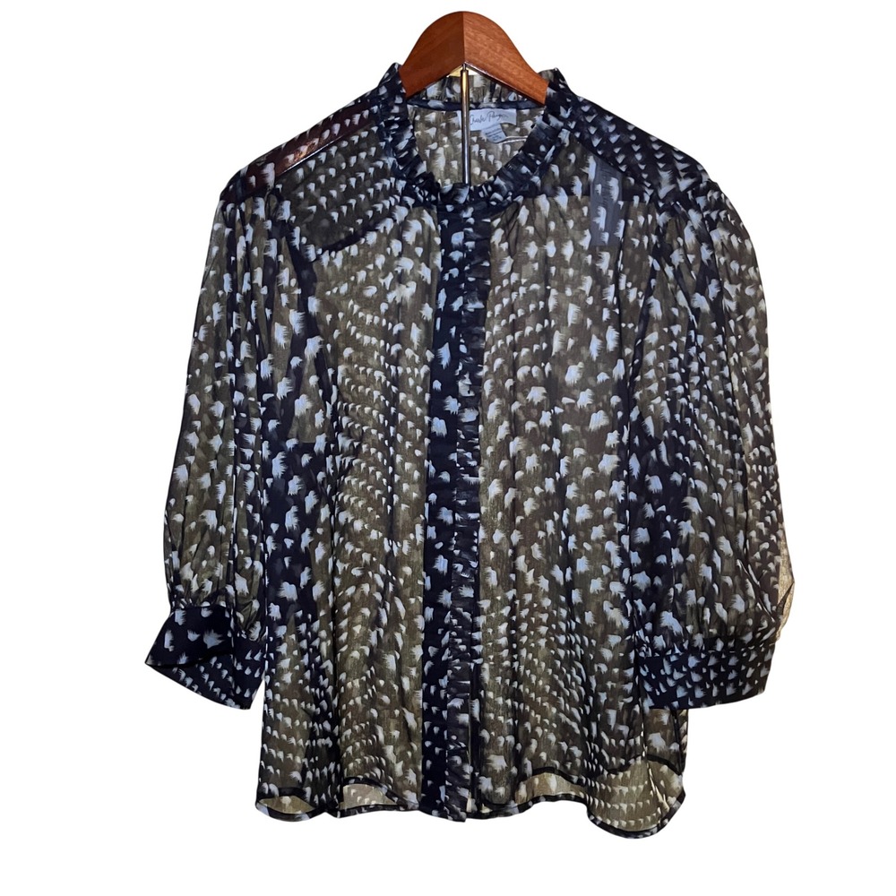 Charlie Paige Blouse Women's XL Black Tan Abstract Ruffle Sheer Button Up NWT